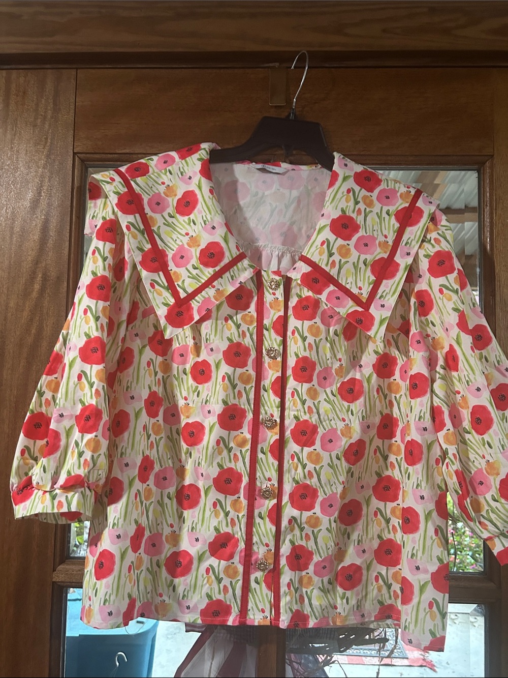 Floral Popover Blouse with Sailor Collar - Pink/Red